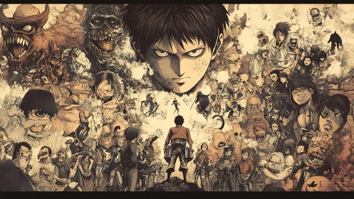 Intense anime collage of central hero and chaotic battle scenes.