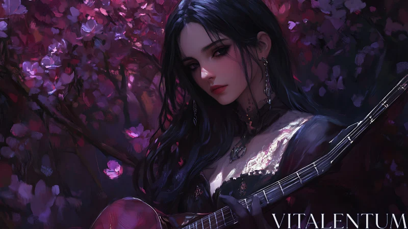 Dark-haired guitarist in floral background digital portrait.