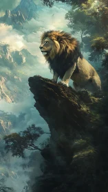 Proud lion overlooks misty mountain cliffs in quiet strength