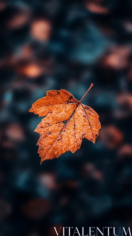 Single wet autumn leaf is isolated against blurred background