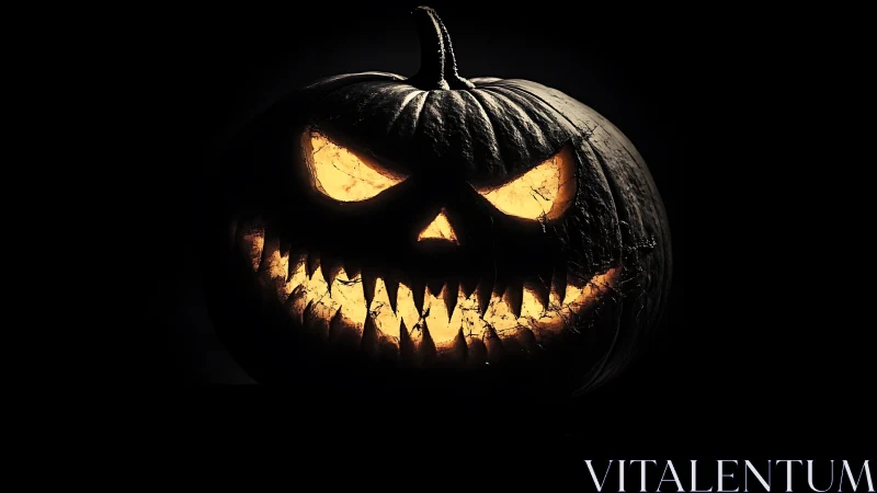 Sinister jack-o-lantern glows against deep black void.