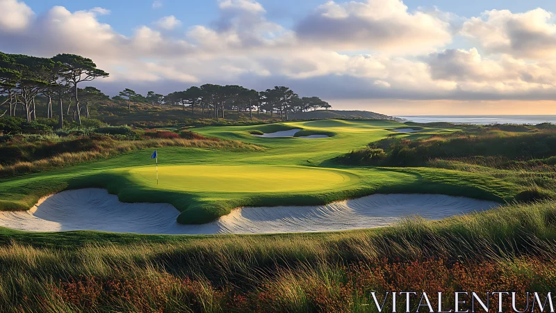 Coastal golf green with sculpted bunkers at maritime dusk.