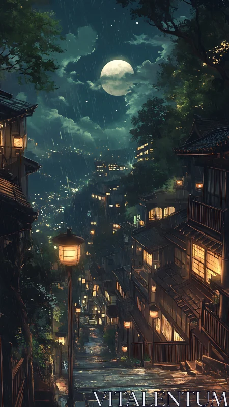 Moonlit rain drapes a lantern-lit hillside street in gold.