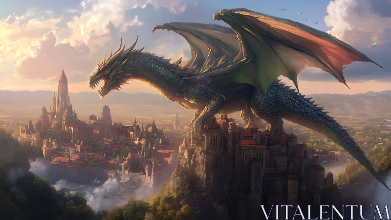 Heroic fantasy dragon over citadel skyline, digital painting.