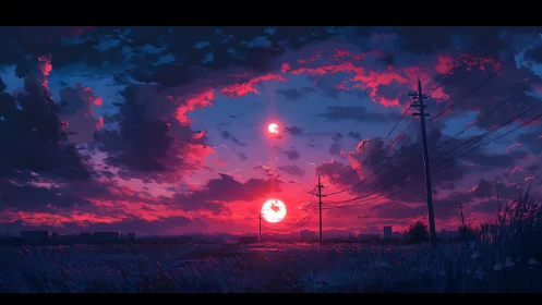 Dual sun horizon over semi-rural power lines at dusk