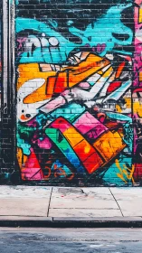 Brick wall displays layered multicolor urban graffiti mural