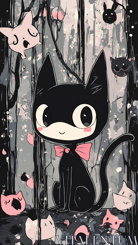 Charming Black Cat with Pink Bow and Ethereal Floating Companions