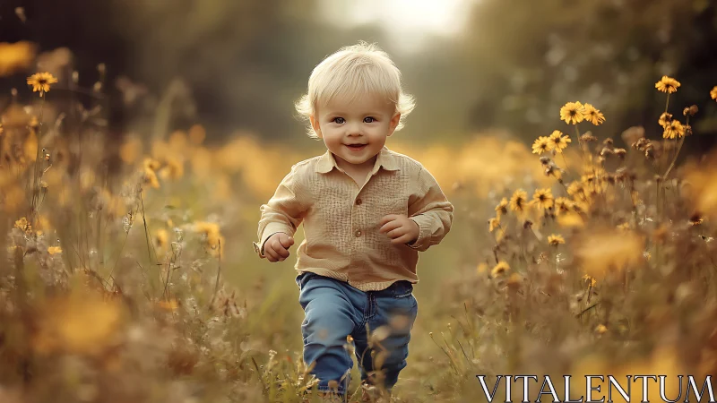 Toddler in field of yellow flowers during golden hour.
