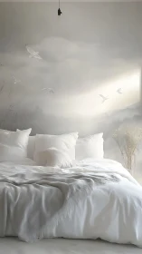 Serene white bed against misty bird and mountain mural.