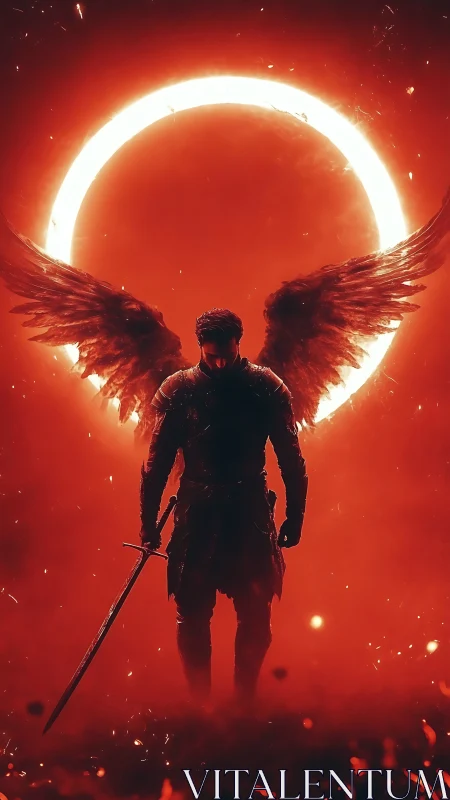 Winged warrior silhouette before fiery circular halo.