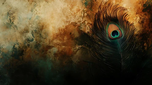 Peacock feather silhouette on textured ochre abstract ground.