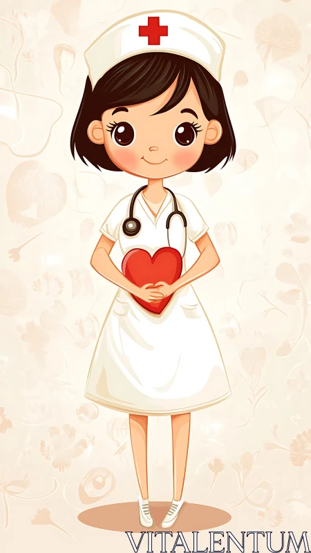 Cartoon nurse holding red heart with warm neutral backdrop