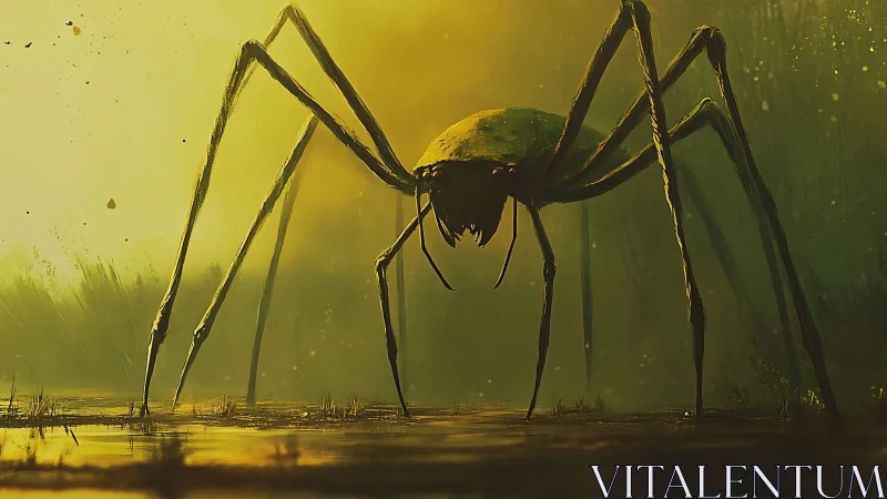 Giant multi-legged arthropod form in a misty wetland scene.