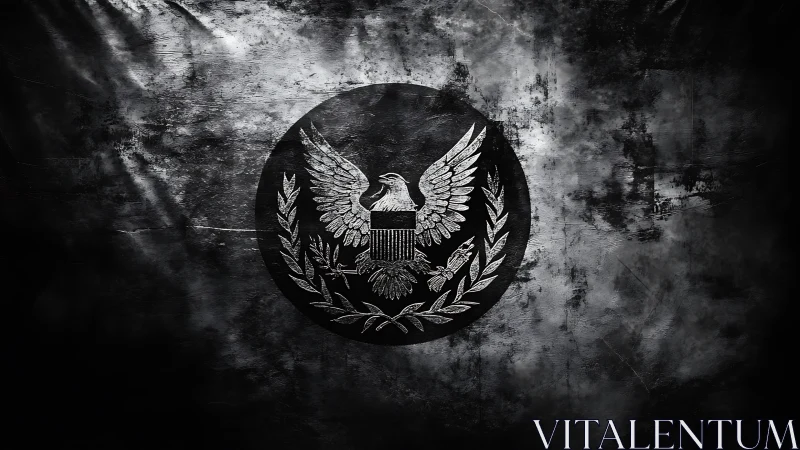 Grunge monochrome eagle emblem on circular black field.