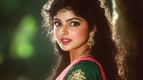 Portrait of elegant woman in green sari with golden jewelry