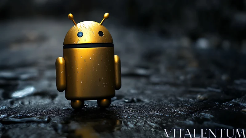 Cinematic 3D golden Android mascot on wet urban pavement.