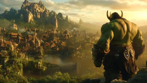 Orc warlord overlooking sunlit ancient fantasy citadel.