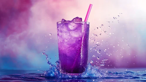 Purple Beverage with Ice and Straw in Dynamic Water Splash.