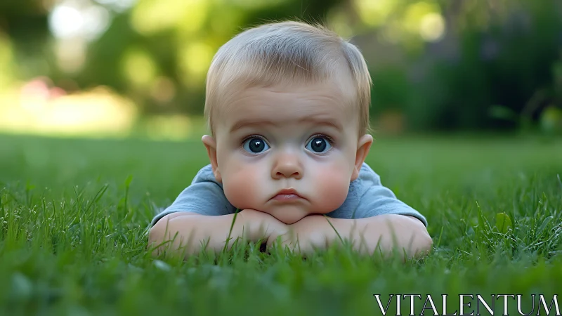 Infant positioned on grass with direct frontal gaze expression
