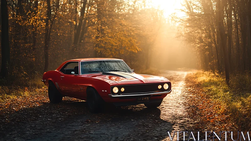 Classic red muscle car on sunlit autumn forest road