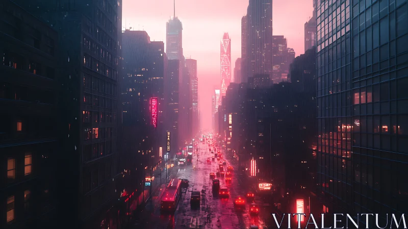Neon-lit urban avenue with high-rise buildings in rainfall.