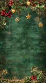 Vintage Christmas frame with holly, berries, gold accents.