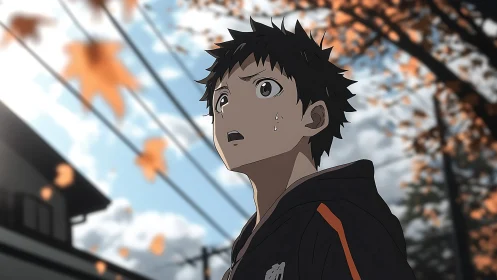 Anime boy under autumn sky with dynamic depth-of-field framing