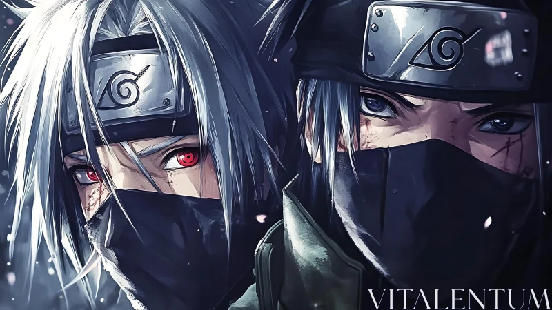 Dual masked warriors rendered in high-contrast anime realism