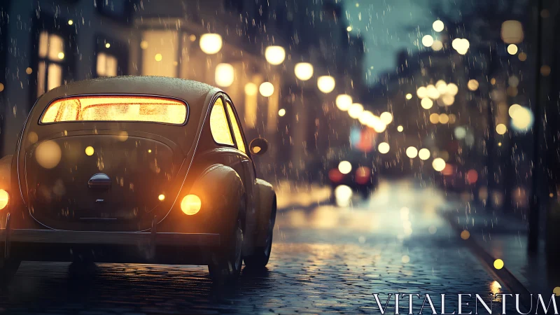 Rain-dusted vintage beetle hums through lantern-lit streets