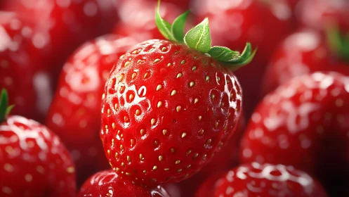 Macro view of ripe strawberry among blurred background fruit.