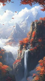 Vertical alpine canyon with twin waterfalls and autumn maples