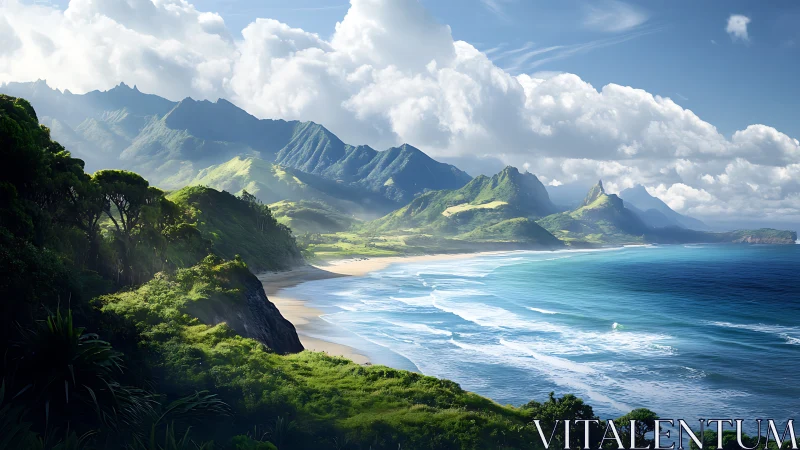 Tropical Coastline with Volcanic Mountains and Emerald Waters