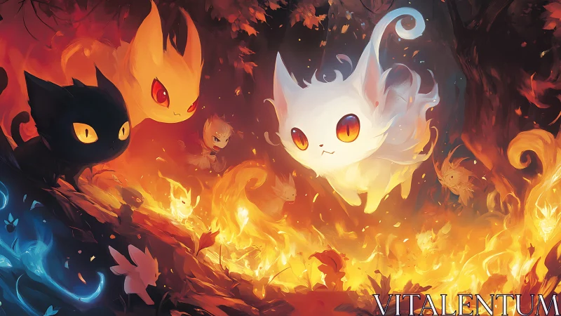 Mystical Feline Creatures in Fiery Realm with Luminous Eyes