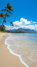 Hawaiian beach with volcanic mountain backdrop and tall palm trees