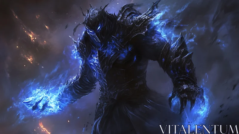 Dark armored entity emits blue spectral energy in motion