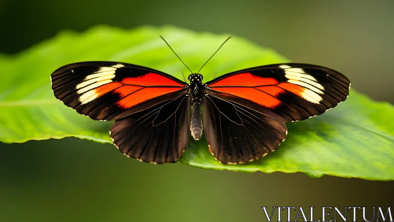Macro study of Heliconius butterfly on leaf with vivid wing pattern