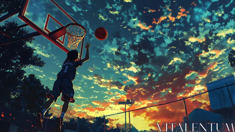 Cinematic anime dusk court with leaping basketball silhouette.