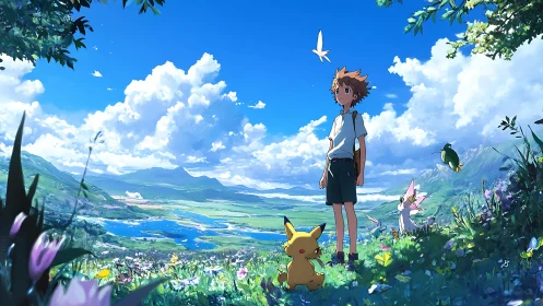 Anime boy and creature companions survey luminous valley landscape