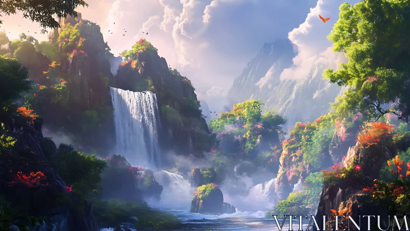Lush mountain valley with tall central waterfall under clouds