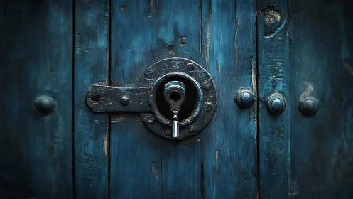 Weathered blue wooden door with central metal keyhole.