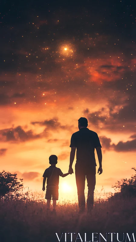Father and child gaze at glowing stars under sunset sky.