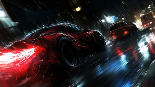 Red hypercar night pursuit on rain-slick neon city street