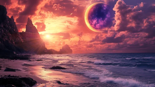 Cosmic shoreline under violet moon and radiant sunset sky.