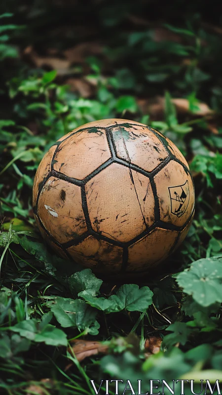 Weathered soccer ball resting in green ground foliage.