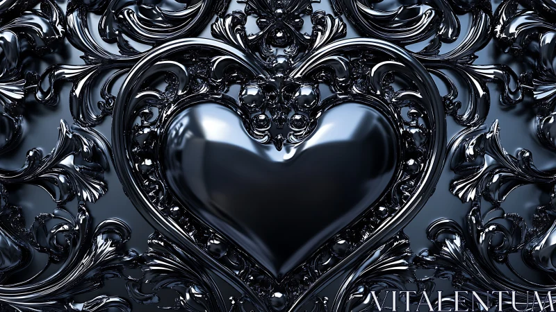 Reflective Ebony Heart Form Within Ornamental Baroque Relief Structure.