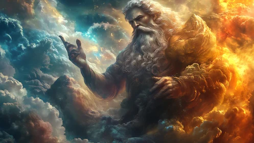 Storm-brewing sky elder sculpted from blazing clouds.