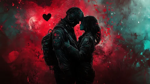 Neon-Lit Romantic Embrace: Dystopian Couple Portrait with Heart Symbol.