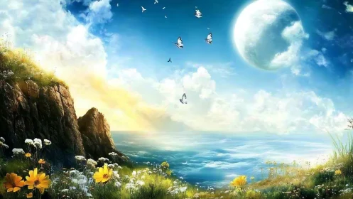 Coastal meadow with wildflowers under large moonlit sky.