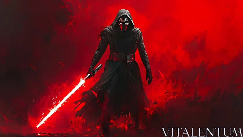 Hooded saber warrior storms through molten scarlet void.