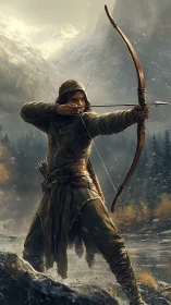 Hooded archer drawing bow in snowy mountain valley.